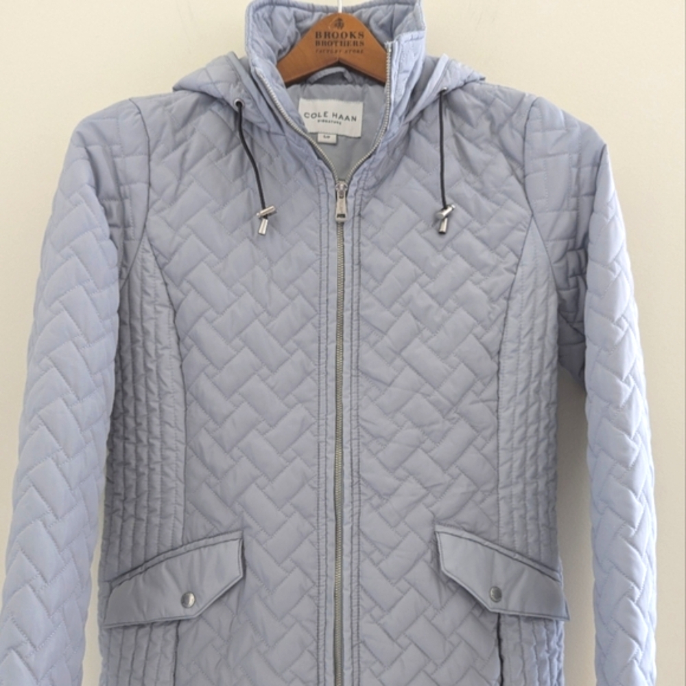 COLE HAAN Signature Quilted Hooded Jacket WOMEN'S S Small Outdoor Sky Blue MINT - Picture 9 of 15